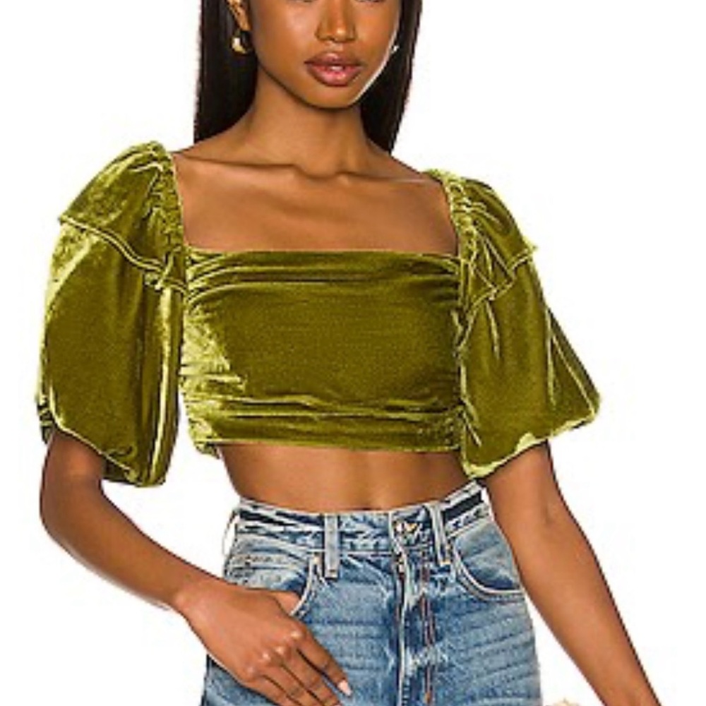 Tularosa Green Puff Sleeve Crop Blouse